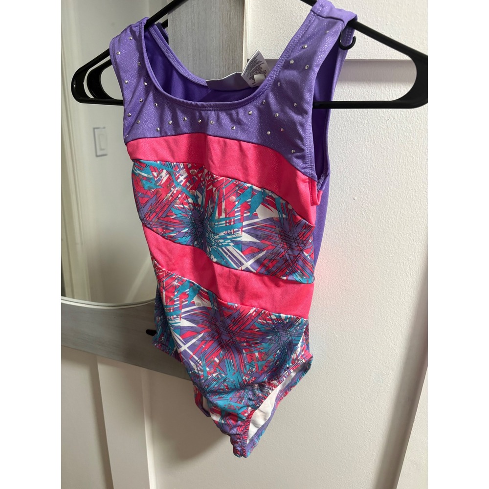 Freestyle Danskin Girls Gymnastics Leotard Pink Purple Abstract Rhinestone 10/12